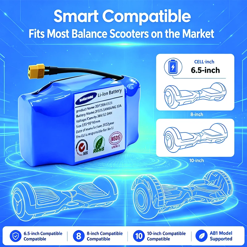 Batteria al litio ricaricabile di alta qualità, 36 V, 4,4 Ah/5,2 Ah, configurazione 10S2P, per monopattini elettrici autobilancianti, hoverboard e monocicli.