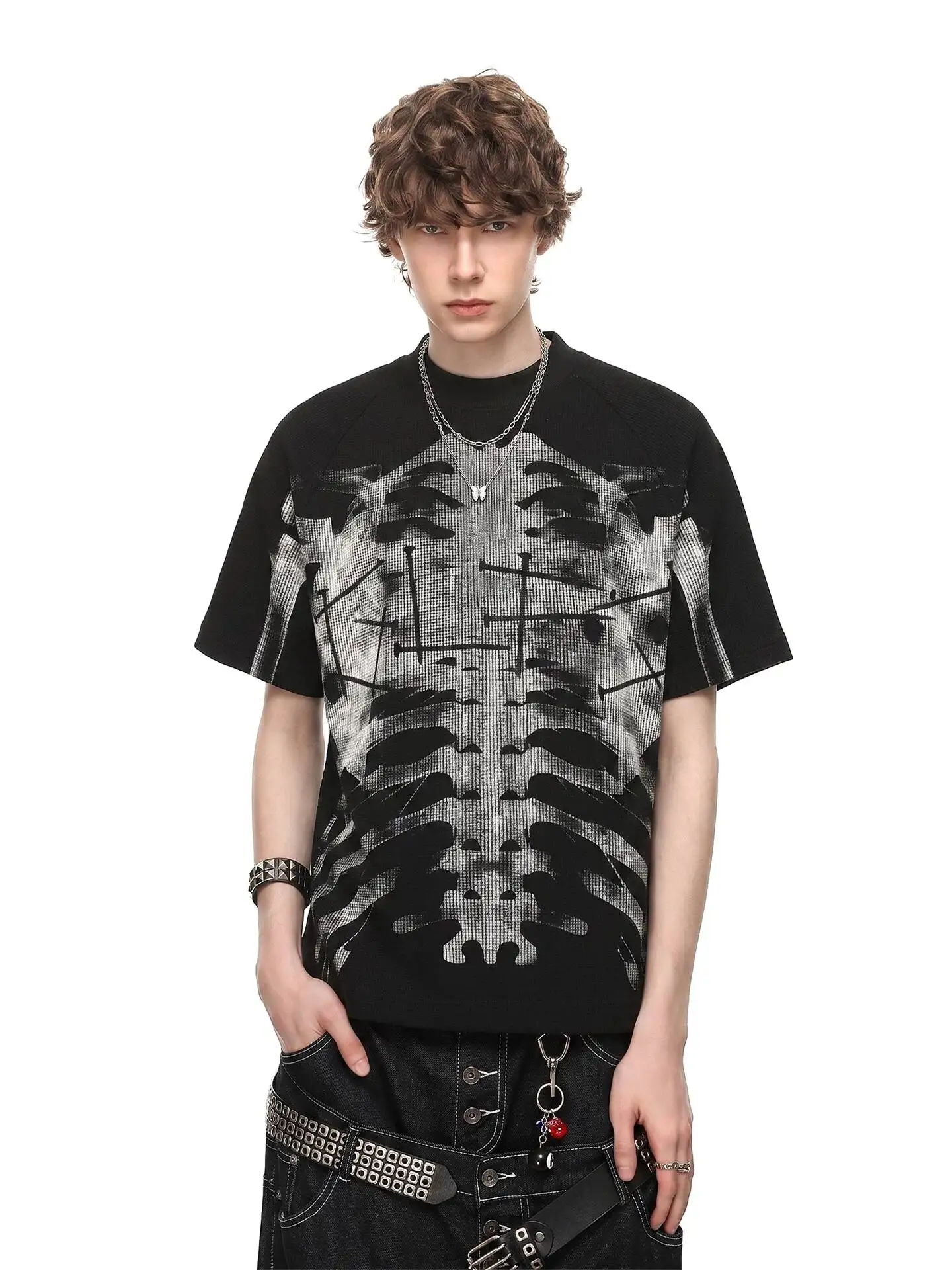 Men X-Ray Skeleton Dot Print Waffle Knit Short Sleeve T Shirt Dark Gothic Vintage Hip Hop Fashion