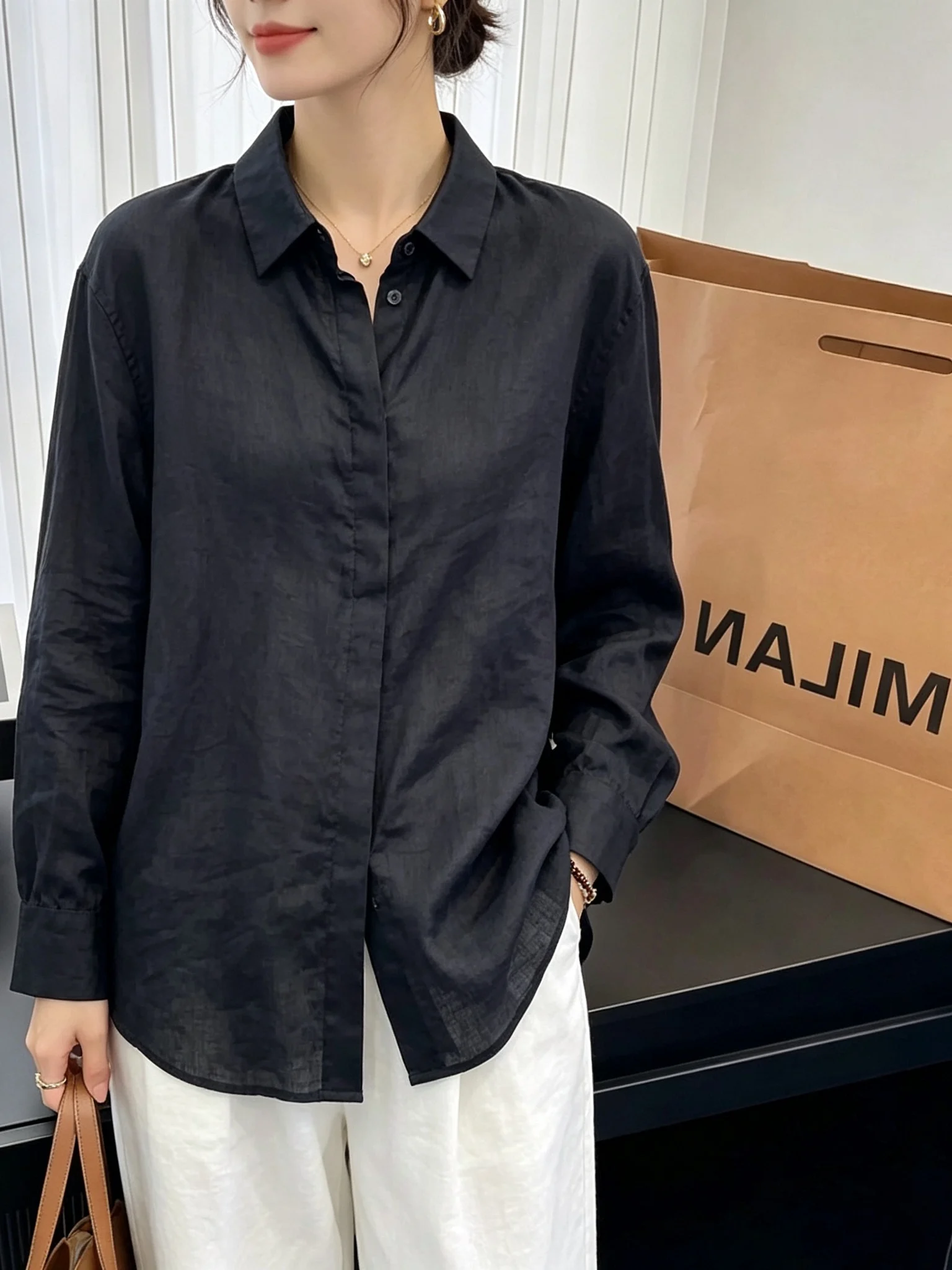 Casual Long Sleeve Pure Color  Neck Shirt for Women Artistic Style Loose Fit Autumn Fashion Trendy Top Large Size