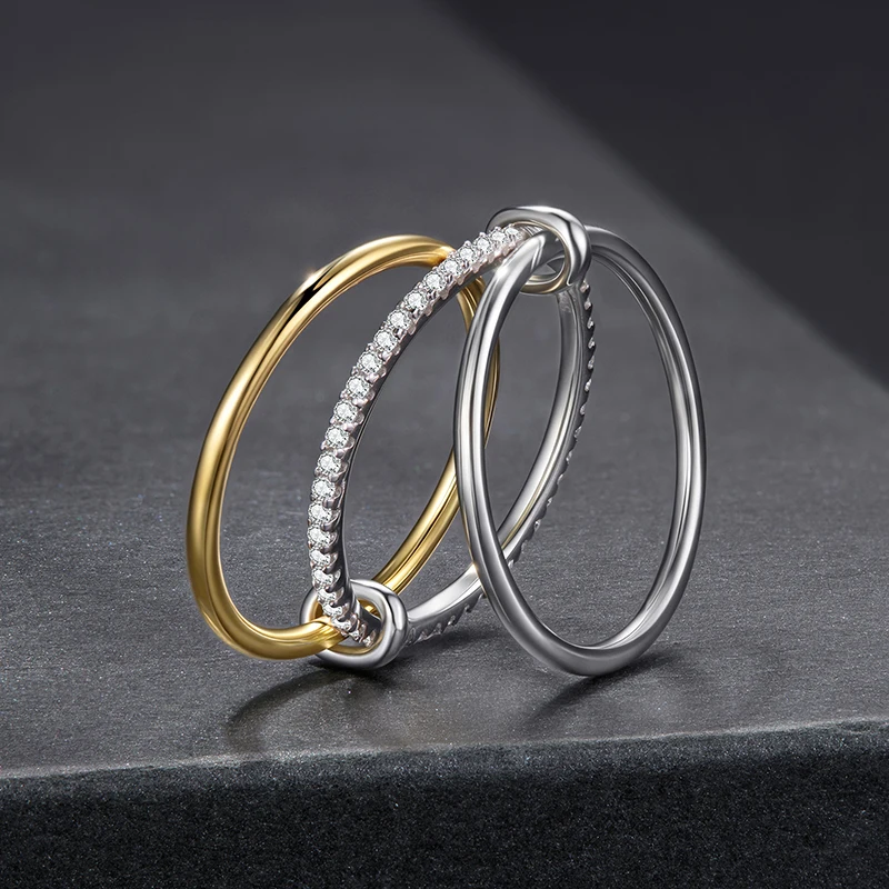 BAMOER U Moissanite Interlocked Stackable Rings Set Two-Tones Multi-Links Connected Bands for Women Jewelry Gift D Color VVS1