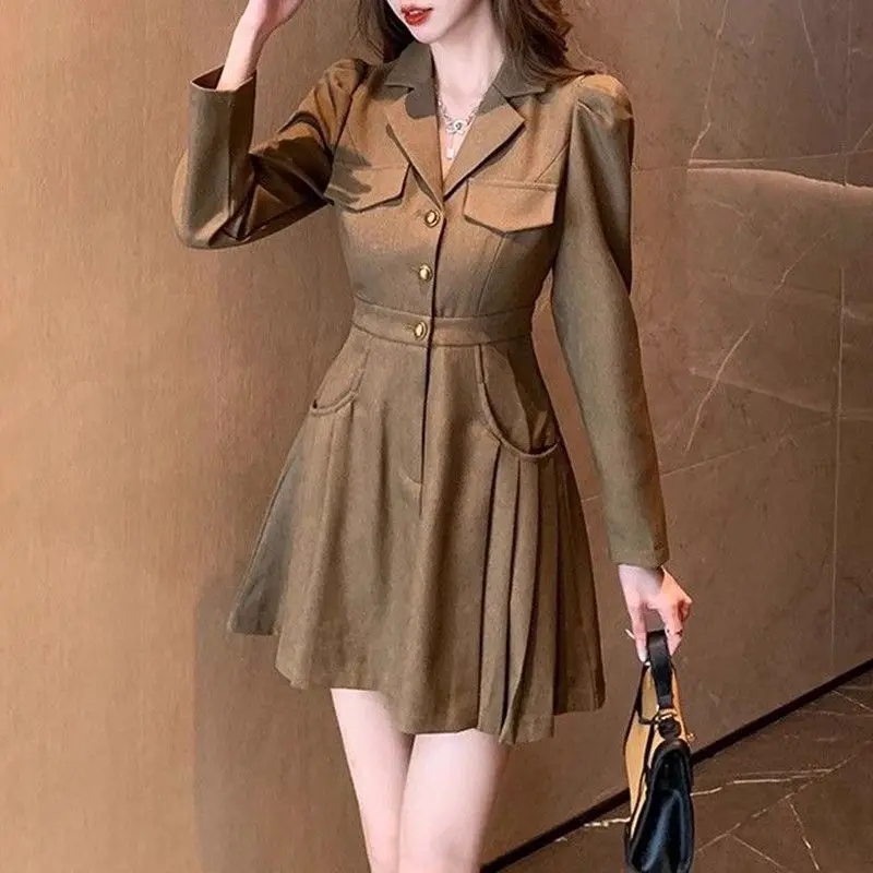 Lnsozkdg Black Long Sleeve Pleated Short Dresses Women Elegant Office Lady Dress 2024 Spring Autumn Korean Vintage Party Dress