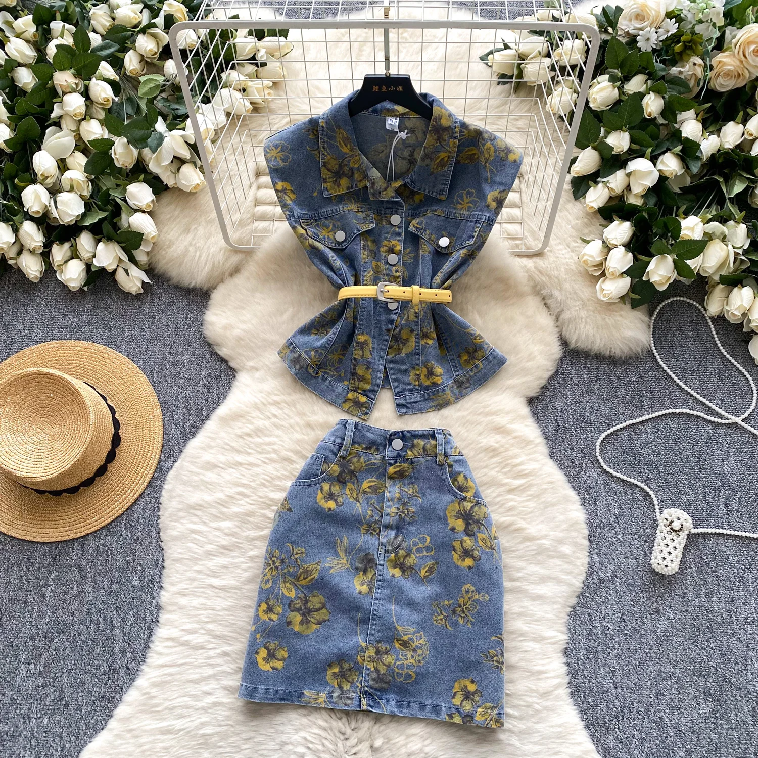 Printed Denim Skirt Set For Women Summer High-Class Style Polo Neck Sleeveless Print Tops + Denim Pack Hip MIni Skirts Suits