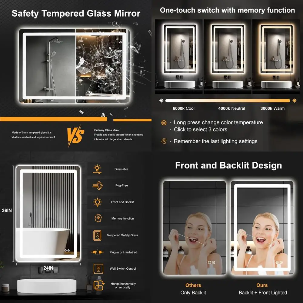 

36x24 Inch LED Vanity Mirror with Anti-Fog, Dimmable 3-Color Lights, Memory Function, Shatterproof, Plug-in/Hardwired