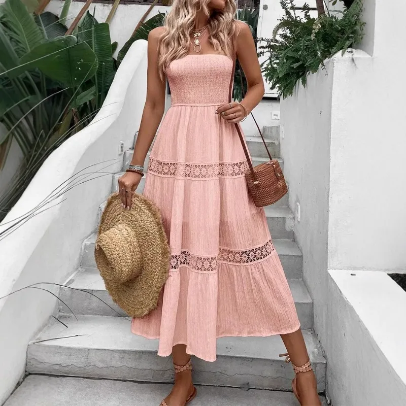 

Skinny Strapless Dresses for Summer Women's Dress New Sexy Backless Hollow Out Flower Sleeveless Solid Color Maxi Dress Woman