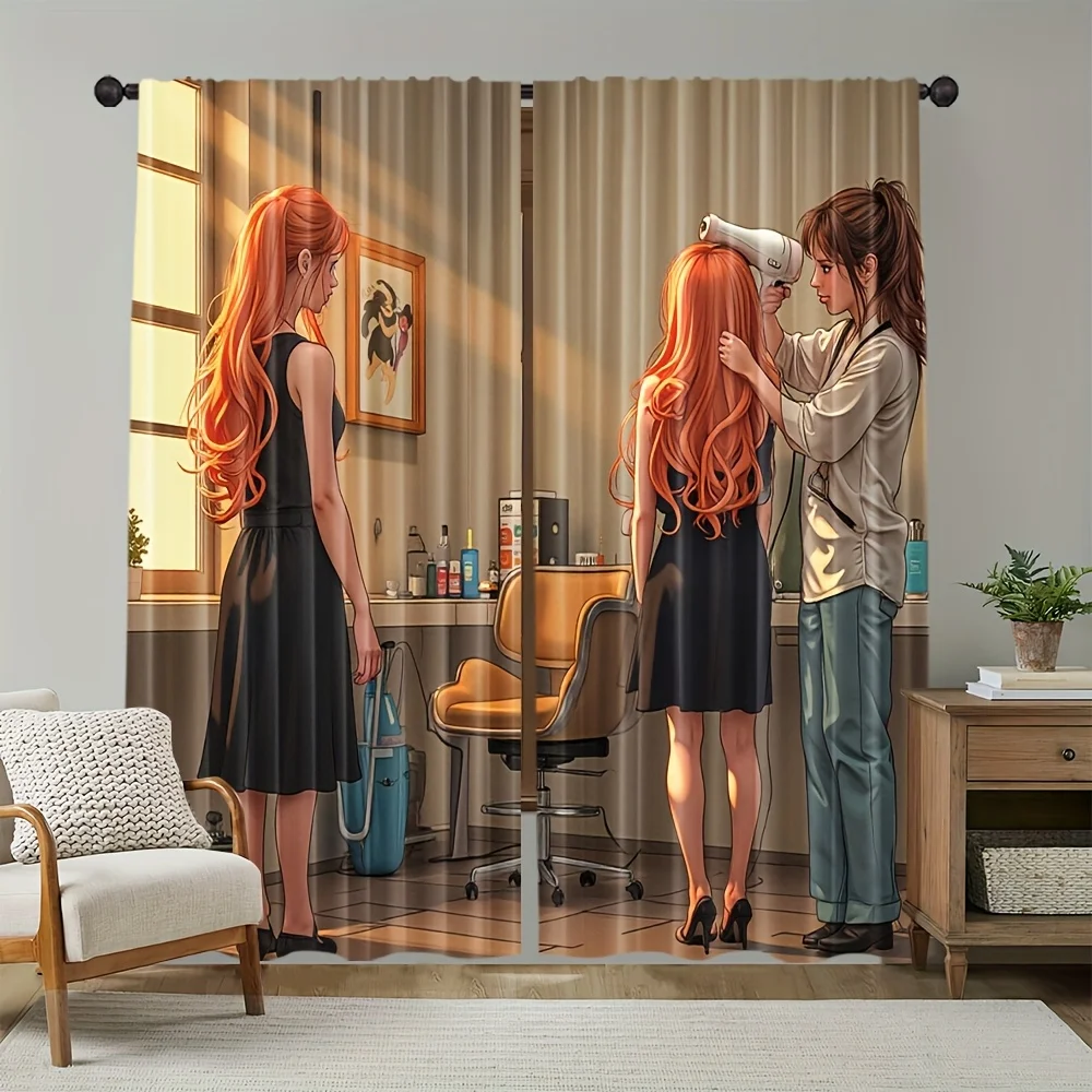Hair Salon Theme Curtain, Girl Getting Haircut Design, Barber Shop Window Drapes for Hairdresser Room Decor