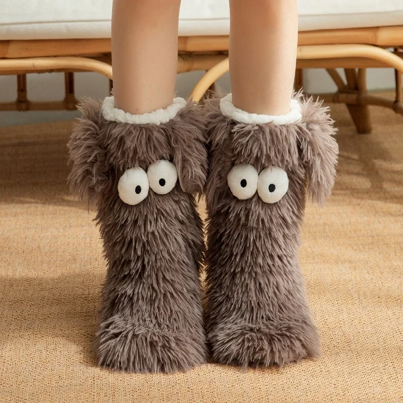 Women's Men Winter Kawaii Big Eyes Slipper Socks with Puppy Ears Cartoon Non-slip Floor Socks Warm Thickened Coral Stockings  ﻿