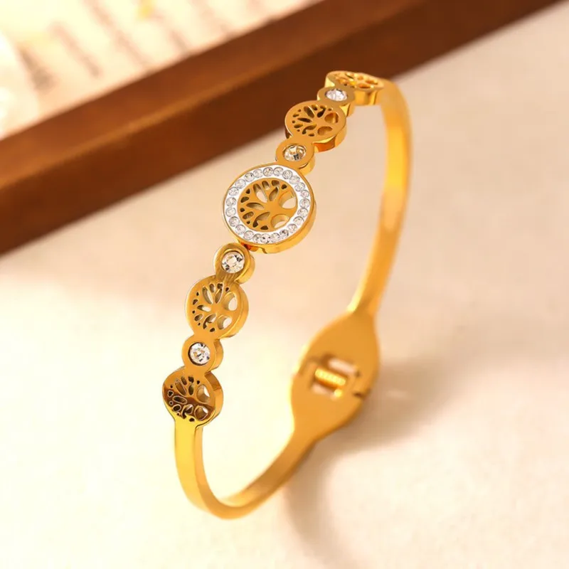 Hollow Life Tree Stainless Steel Bangle For Women Gold Plated Zircom Dubai Wedding Waterproof Women Bracelets Jewelry