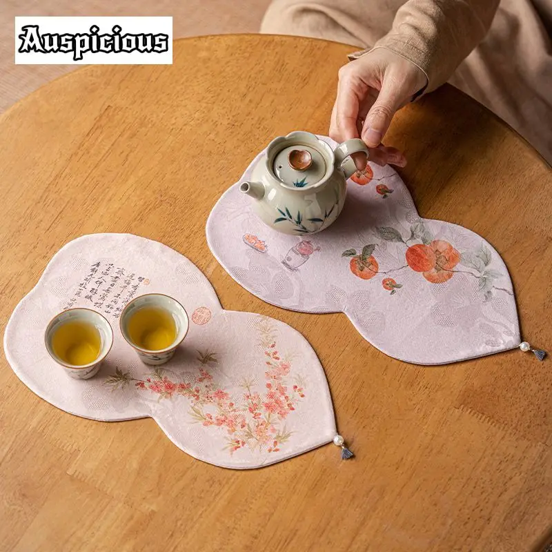 Creative Gourd Watered Gauze Tea Table Mats Aesthetic Double-side Drink Coaster Zen Dinner Table Cloth Mat Tea Services Ornament