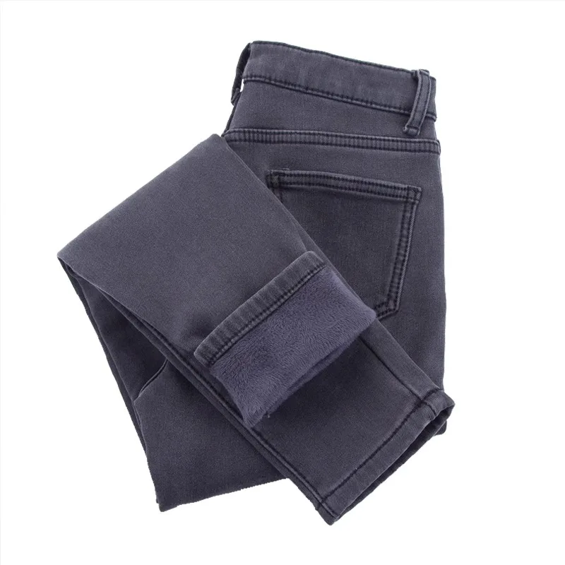 

High Waist Fleece Lined Women's Jeans Elastic Slimming Pencil Pants Winter Warm Cotton Stretch Denim Trousers Deep Color