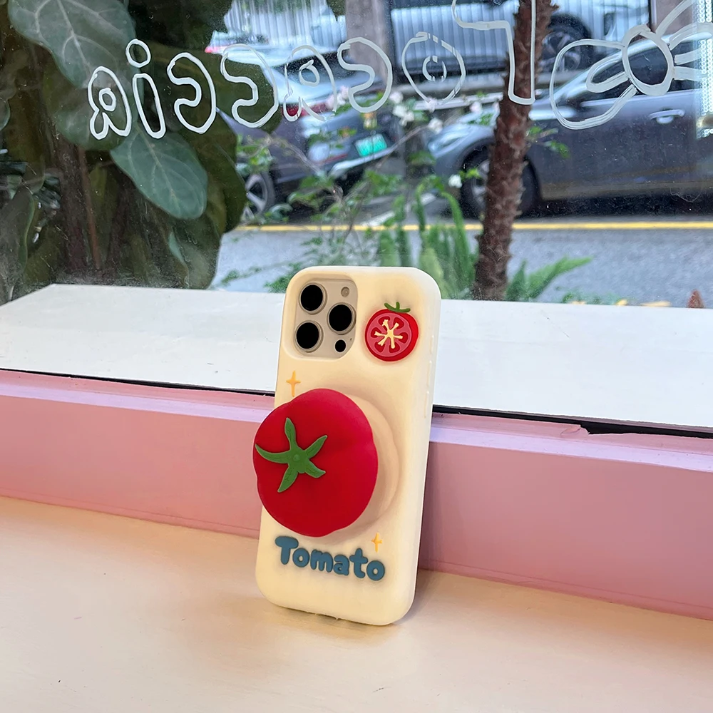 

Cute Red Tomato Phone Case with Holder for iPhone 16 15 Pro Max Silicone Shockproof Cover