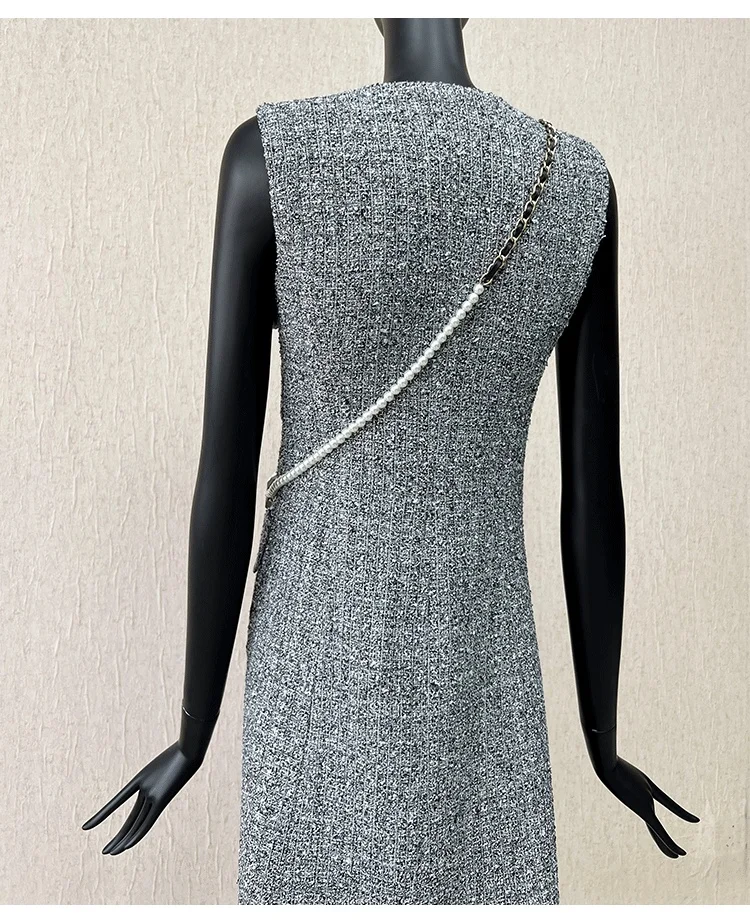 2024 Spring Autumn Fashion Women\'s High Quality V-neck Sleeveless Tweed Dress C705