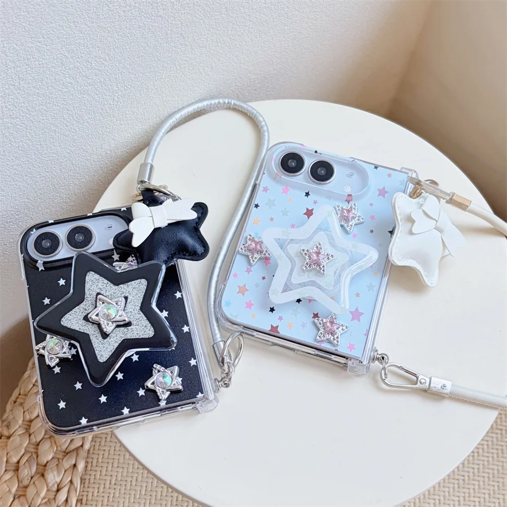 Black Light Blue Star Print 3D Star Grip Stand Phone Case For iPhone Duo White Bow Charm Fabric Wrist Strap Y2K Foldable Cover