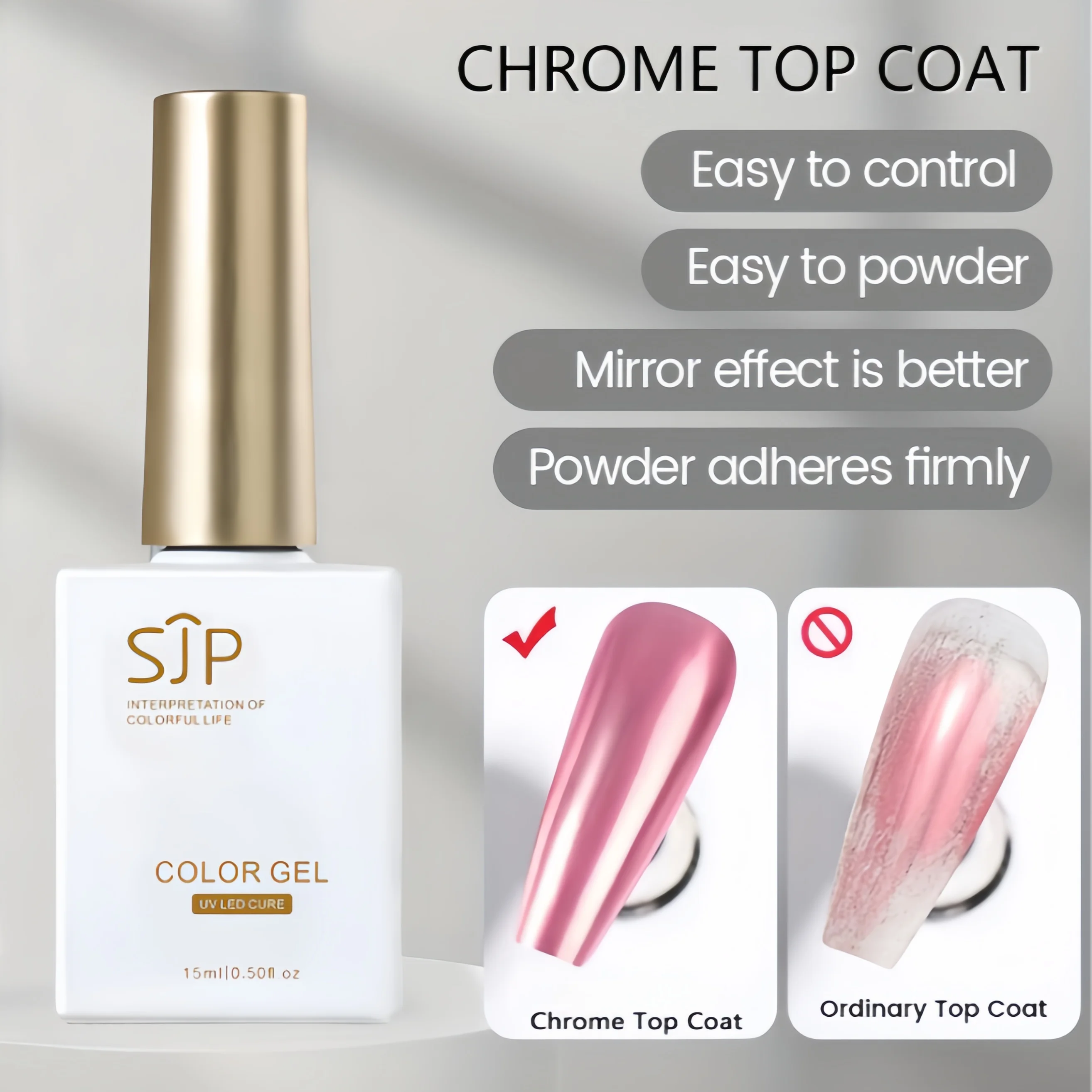 15ML Chrome Top Coat Gel, LED Curing Super Bright Mirror Finish, DIY Nail Polish Long Lasting Alcohol-Free Formula, Professional