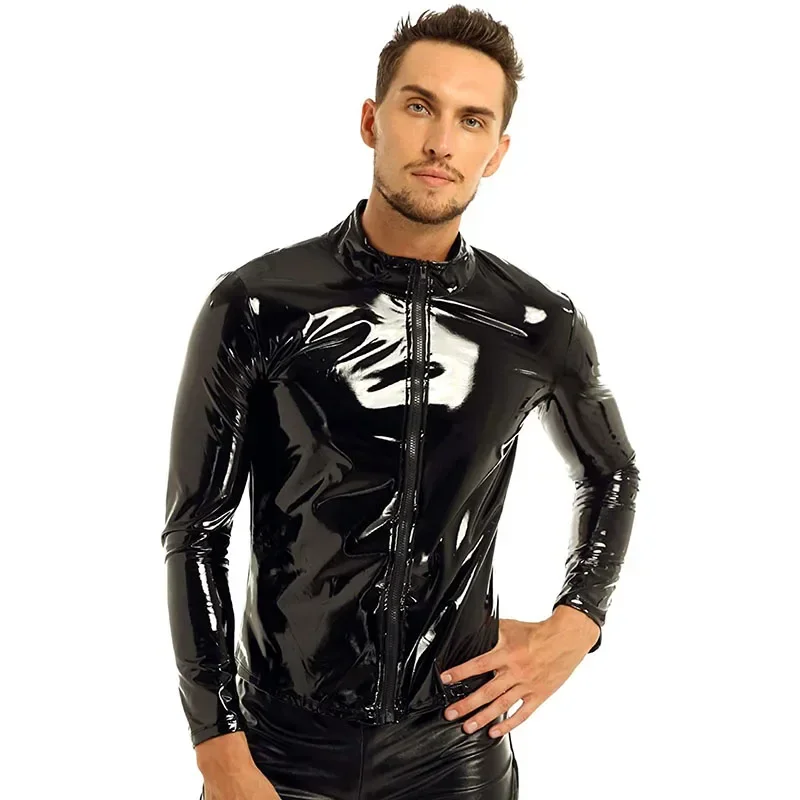 

Men Black Shiny PVC Faux Leather Long Sleeve Front Zip Open Male Fashion Wet Look Mid Collar Top Jacket Overcoat New Hot Custom