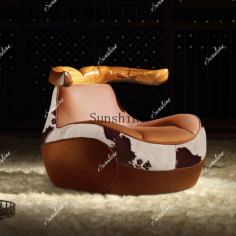 

Original design European ebony leather tiger chair solid wood single sofa FT