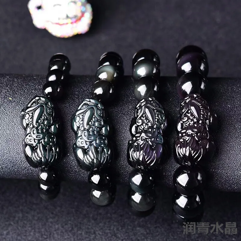 Natural Obsidian Three Coin Pixiu Bracelet With Double Color Eye Round Beads Men And Women view 4