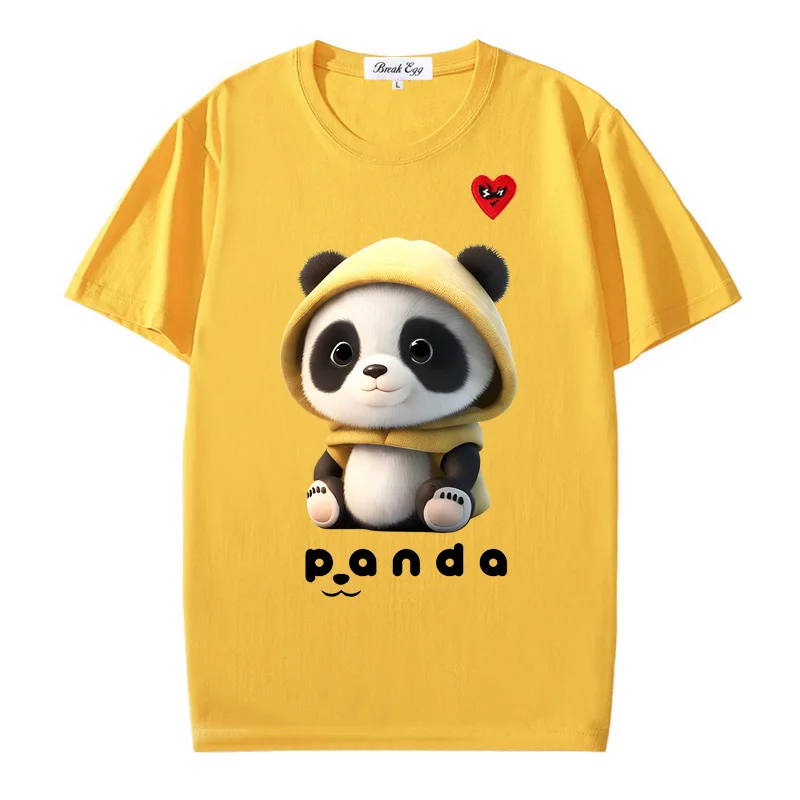 Panda with Hat Cartoon Printing Men Women T-shirt Red Glasses Heart Embroidery Cotton O-neck Short-sleeved Straight T-shirt