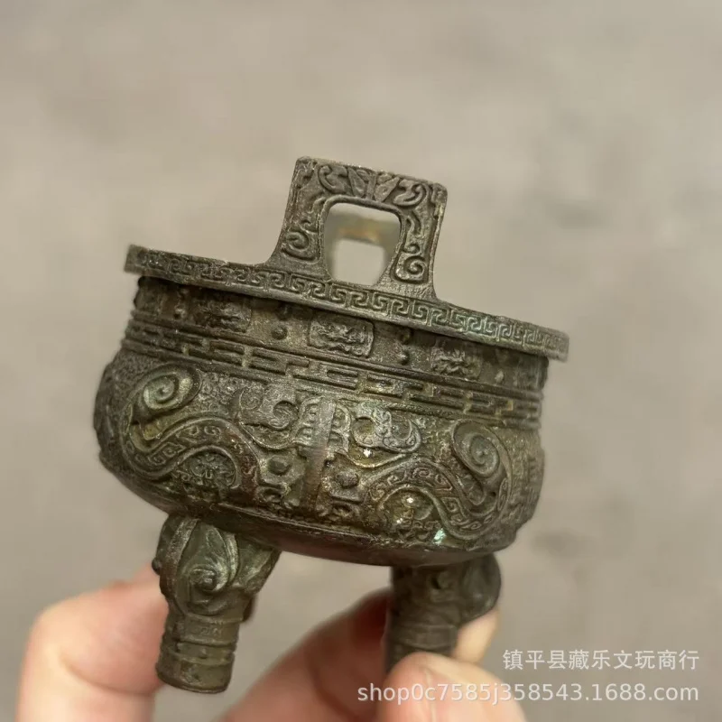 Vintage Patinaed Carved Three-Legged Bronze , Prosperous Wealth-Attracting Round Incense Burner, No