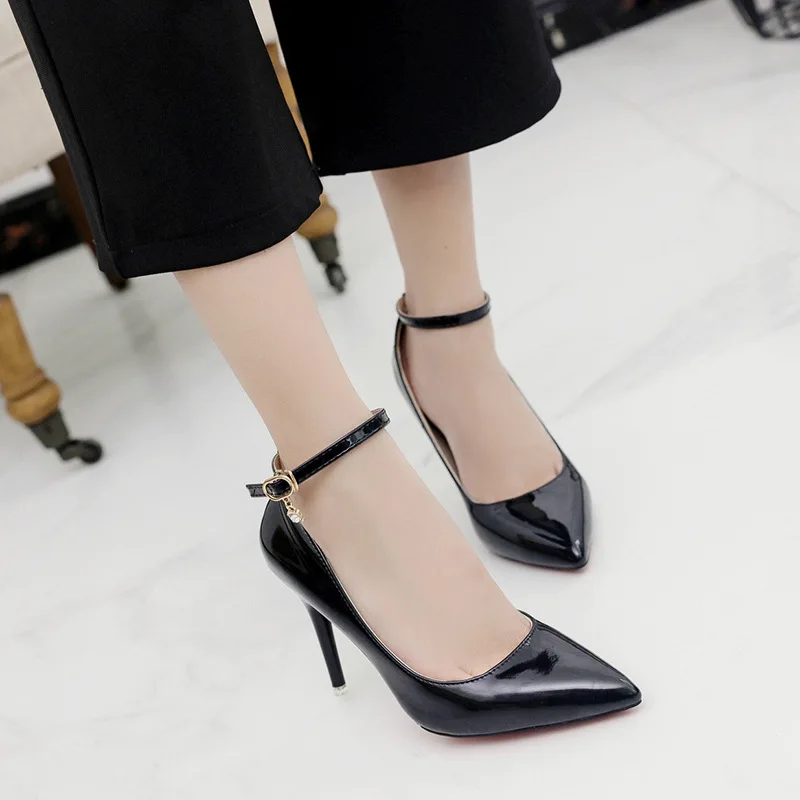 New 10cm Stiletto Heels Gradient Pumps Women Shoes Patent Leather Ankle Strap Super High Pointed Toe Super Big 48 49 50