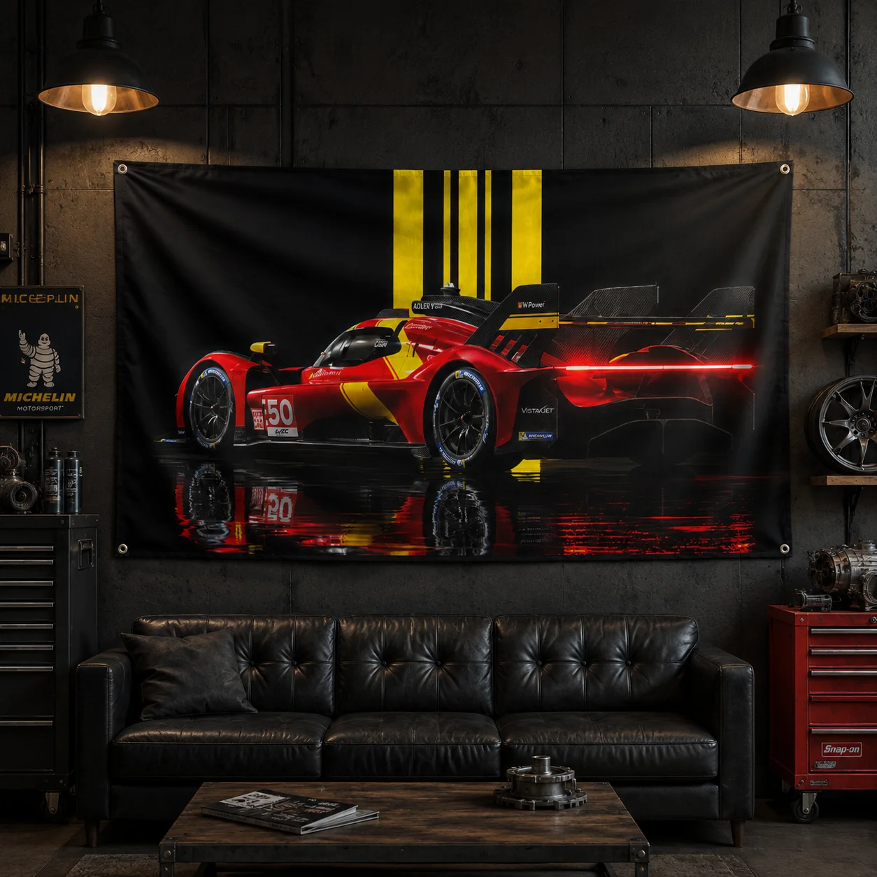 Hypercar Wall Art Print Flag,Red & Yellow Endurance Race Car Studio Flag