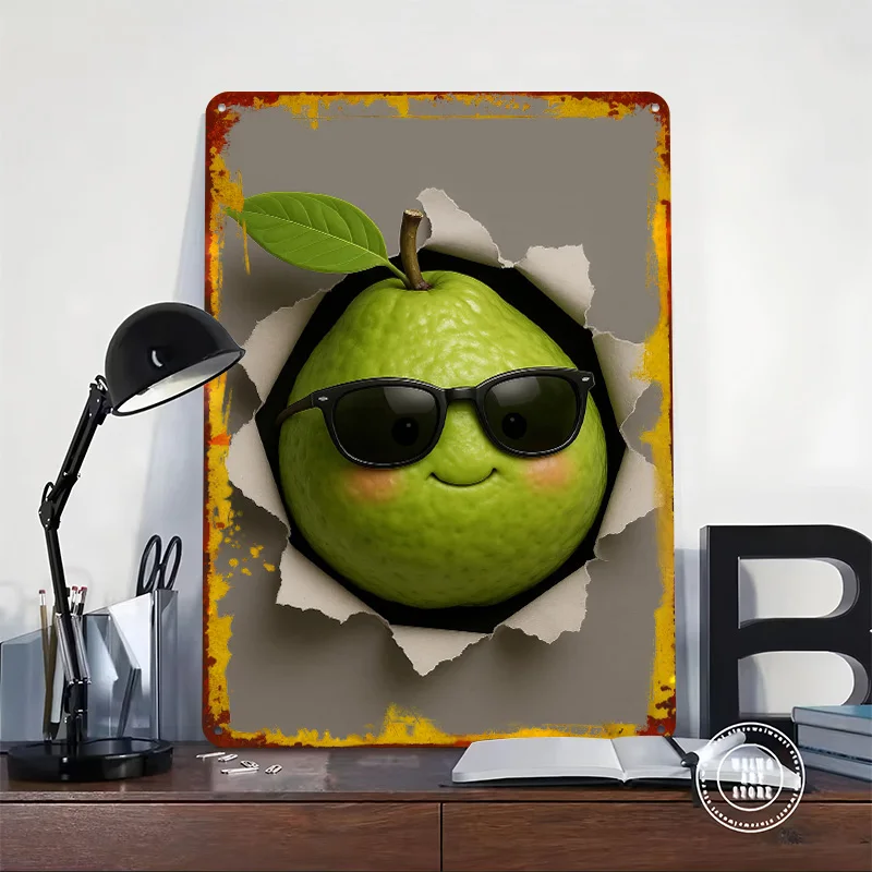 Cool Pear Bursting Through Paper Printed Poster Customized Wall Art Retro Vintage Metal Tin Signs for Room Decoration Gaming