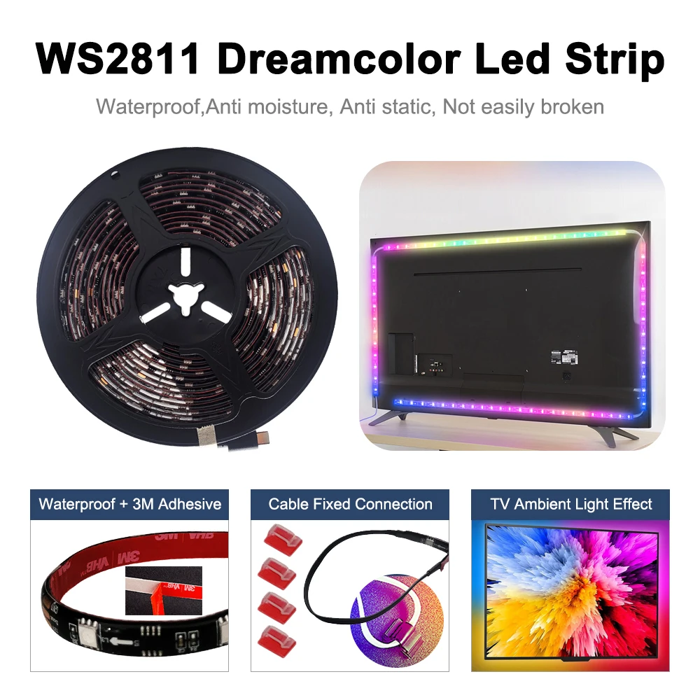 Smart Ambient TV LED Backlight For 4K HDMI 2.0 Device Wifi Sync Box WS2811 Waterproof Led Strip Kit Works with Alexa Google