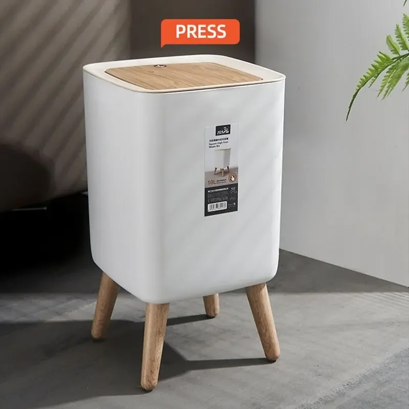 Waste Bins with Lid Press Dustbin for Living Room Toilet Bathroom Kitchen Garbage Bucket High Foot Imitation Wood Trash Can