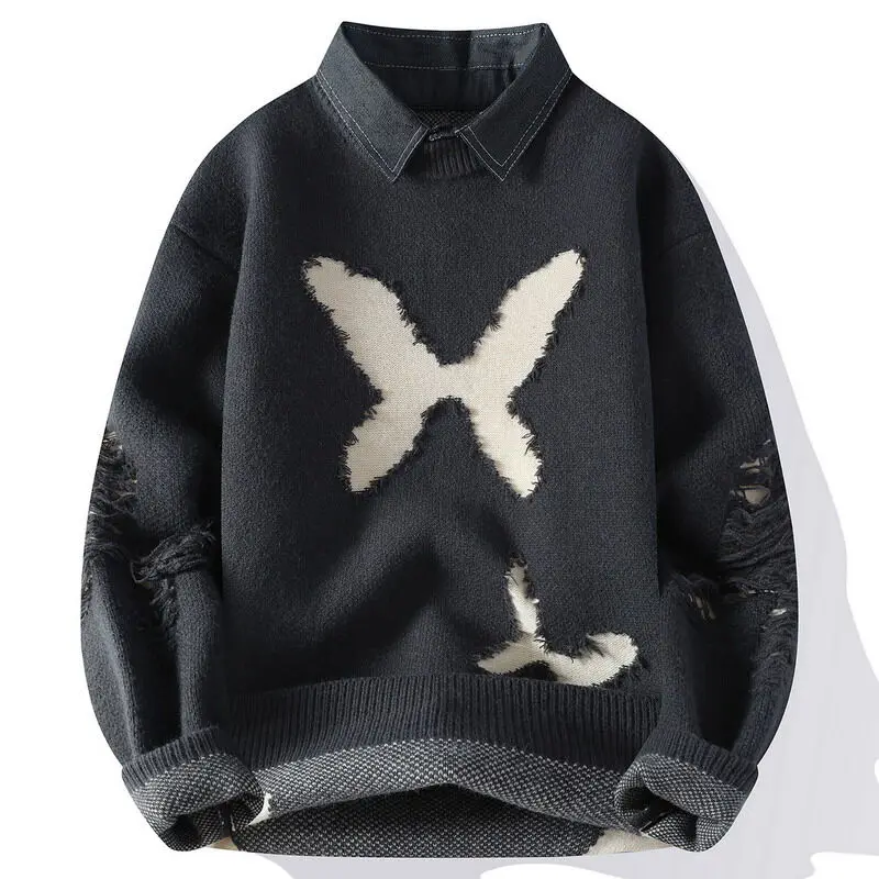 Новые осенние и зимние повседневные свитера для мужчин, модные полосатые вязаные пуловеры с нашивками для мужчин, свободные воротники, молодежные вита