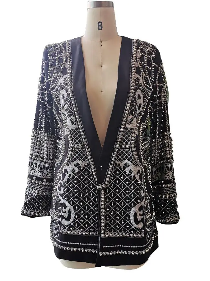 

High-End Autumn Winter Jaet Women's Printed Hand Beaded Western Sle Top Quali Polyester Fiber V-Ne Button Closure