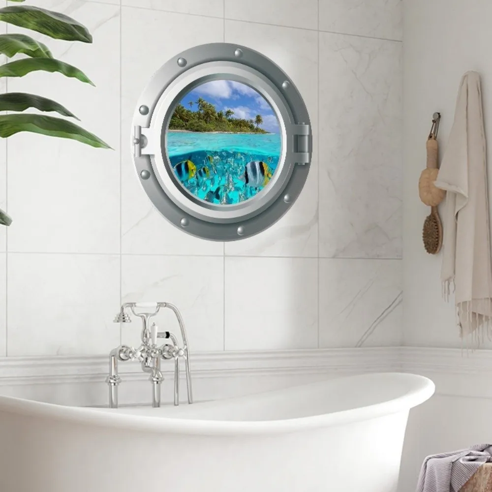 PVC Wall Decals Stickers 35x35cm 3D Effect 3D Ocean Wall Decals Decorative Design Porthole View Style Peel and Stick Wall Decals