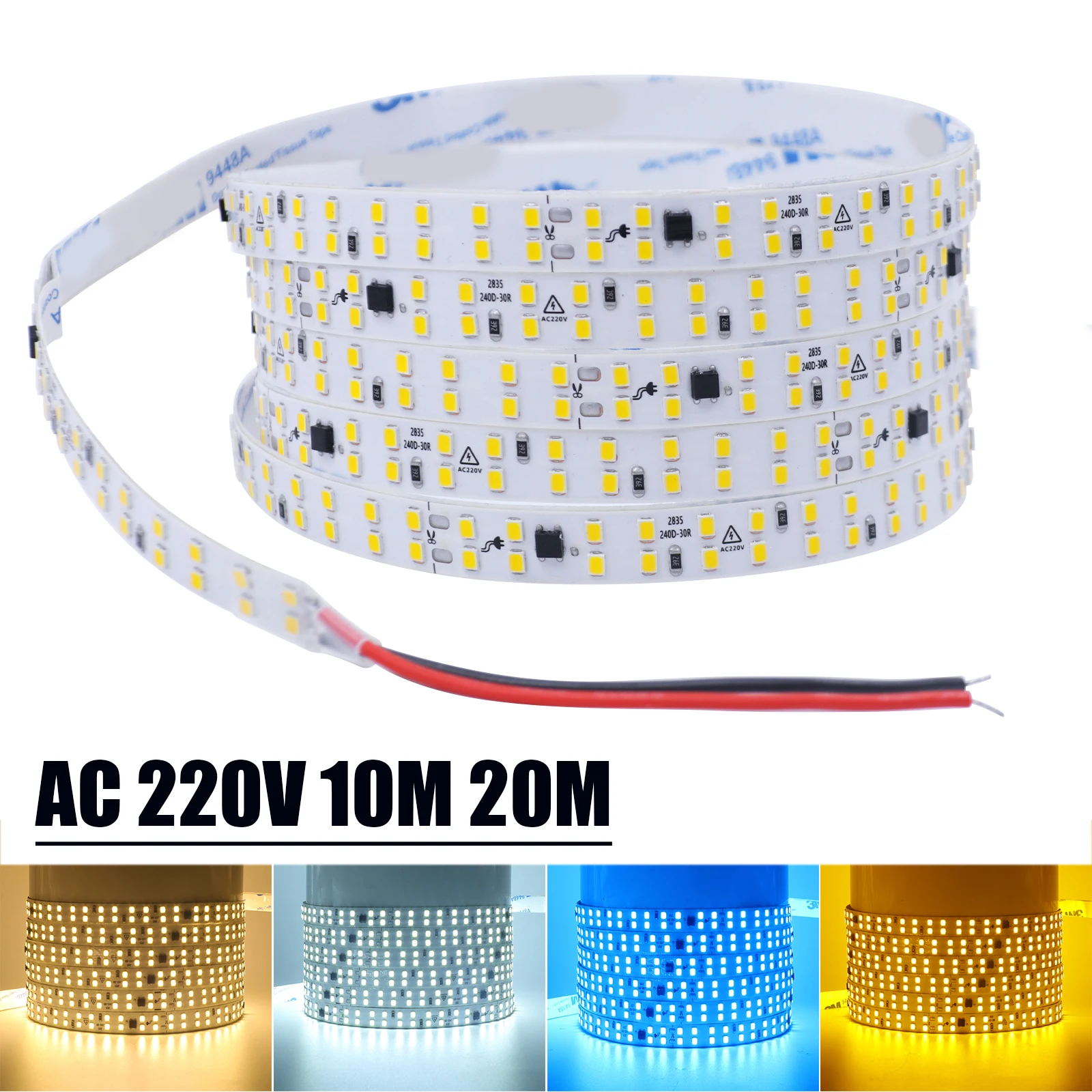 10M 20M/Roll AC 220V 240V LED Strip 240Leds/M 3000K 4000K 6000K Ice Blue/Yellow Home Decoration Flexible Ribbon Rope Tape Light