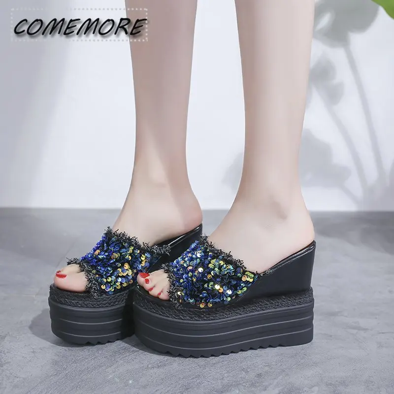 Platform Flip Flops Shoes Woman\'s 2025 Trend Wedge Heel Summer Casual Crystals Round Head Footwear High Heeled Outside Slippers