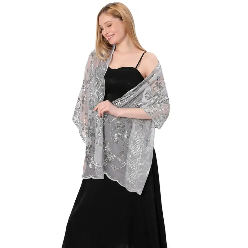 

Sheer Embroidery Sequins Shawls Tulle Multicolor Belly Dancing Scarf Hollow Out Dance Accessories Evening Dress Scarf Bride