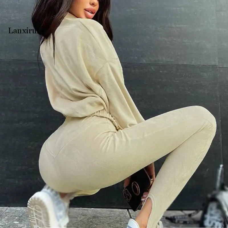 Velour Suit Long Sleeve Coat And Pants Fleece Suit Tracksuit Women Sweatsuits Sexy Solid Streetwear Outfit Three Pcs Set