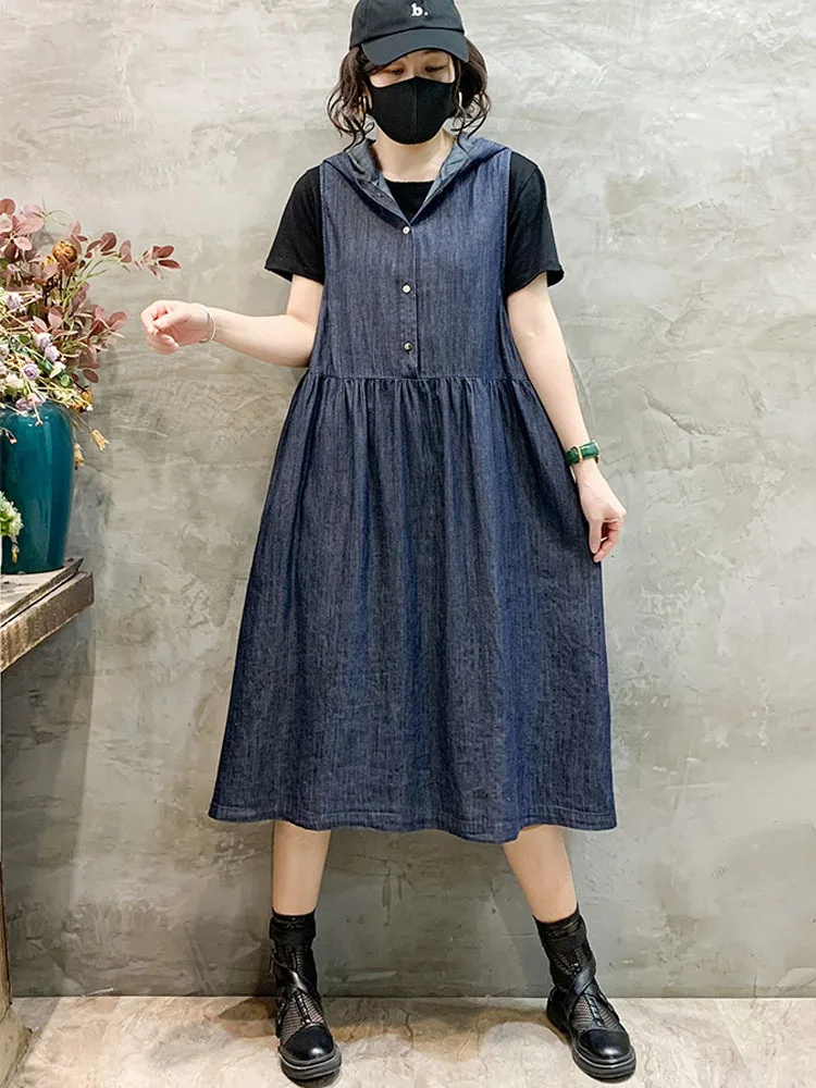 Max LuLu 2024 Summer Sleeveless Clothes Womens Fashion Loose Plaid Hooded Long Denim Dresses Ladies Luxury Casual Sexy Vestidos