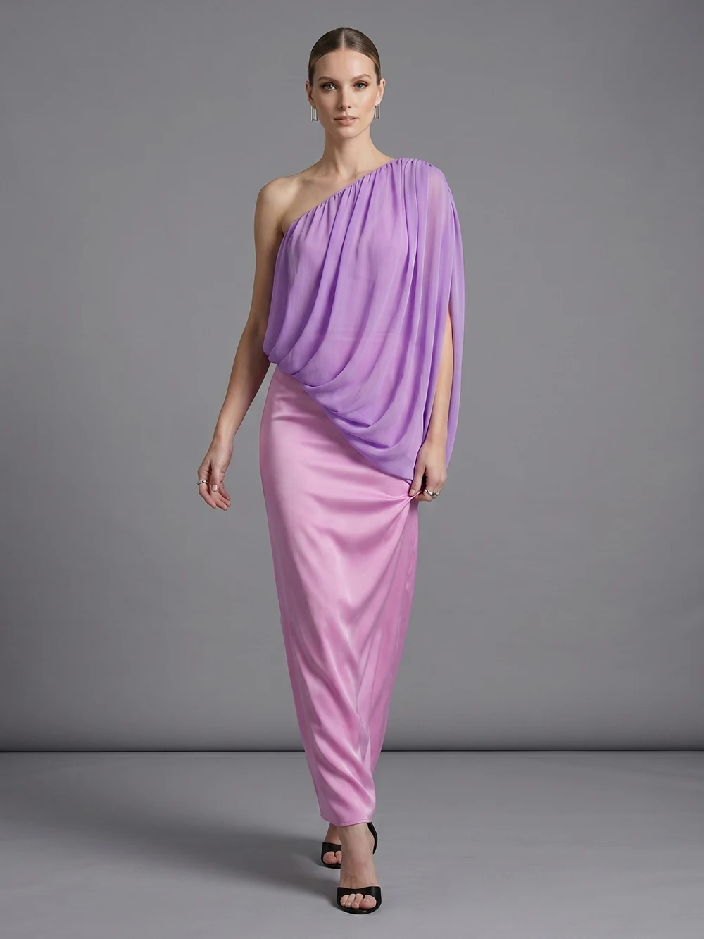 Modphy One Shoulder Women Dress Contrasting Color Patchwork Long Dress Sleeveless Backless Slim Fit Elegant Draped Stylish Party