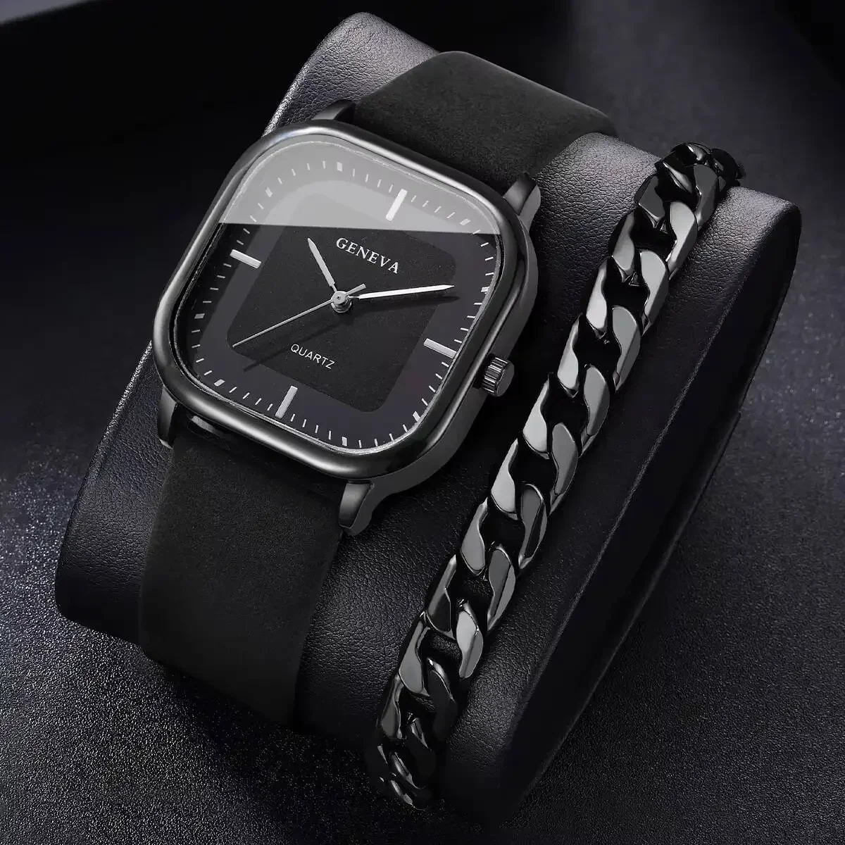 Men 2Pcs Jewelry Set Geneva Square Black Dial Quartz Watch PU Leather Strap Two-tone Cuban Bracelet