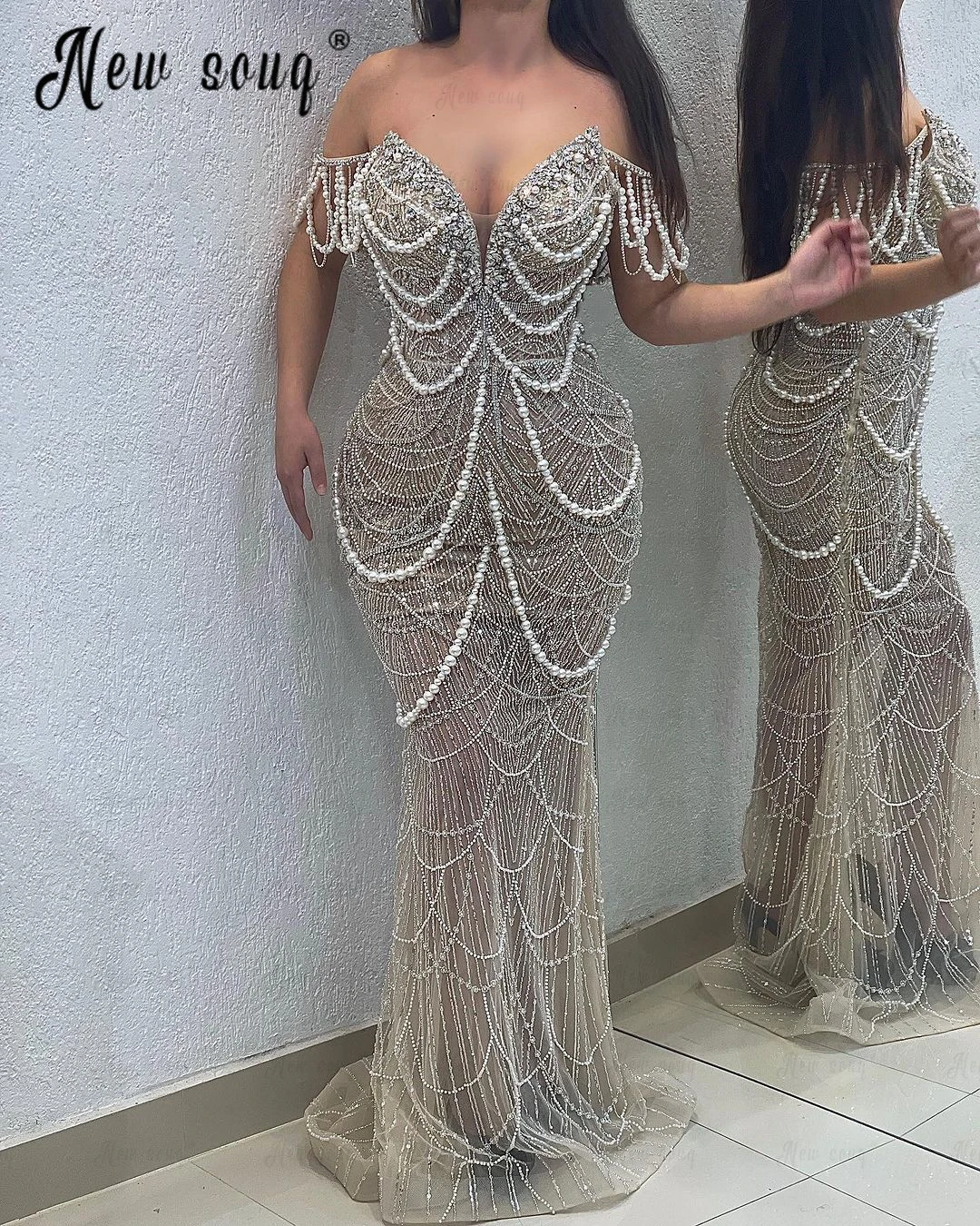 Vestido de fiesta largo con perlas para mujer, traje elegante con cristales y hombros descubiertos, hecho a mano, Formal, para baile de graduación, hecho a medida