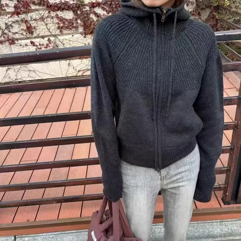 الراقية مزدوجة سستة مقنعين 100% الكشمير سترة مشغولة من الصوف المرأة سترة فضفاضة معطف بقلنسوة لخريف شتاء معطف الصوف #4