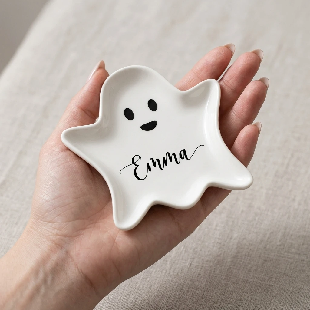 Custom Name Ghost‑Shaped Ceramic Ring Dish, Personalized Jewelry Trinket Tray,Sentimental Halloween Gift for Women Girl Friends.