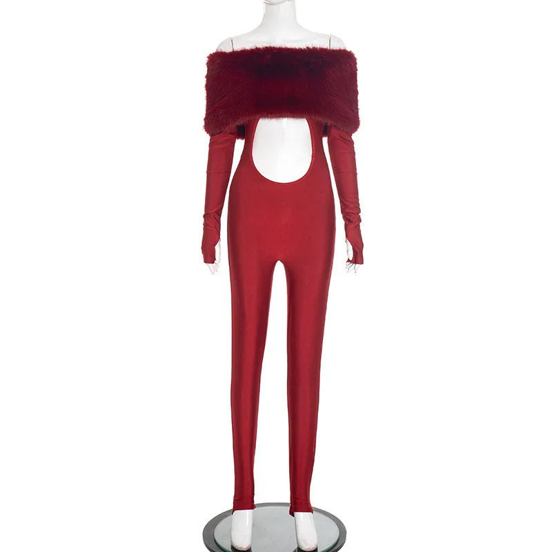 Sexy Fur Off Shoulder Jumpsuits 2026 Women Winter Fall Party Club Elegant Bodycon Luxury One Piece Jumpsuit Bodysuit Playsuit