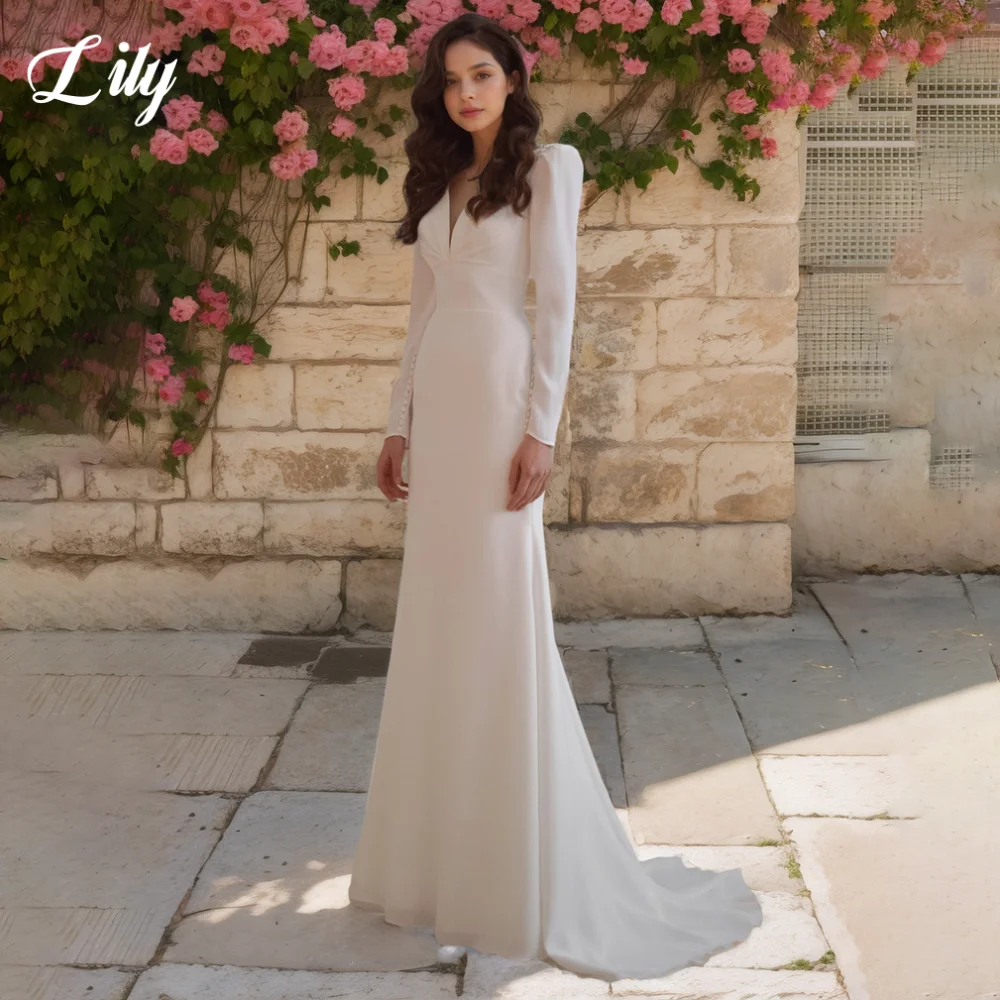 

Lily White Elegant V-Neck Wedding Dresses Backless Long Sleeves Buttons Wedding Gown Satin Trailing robes de soirée Customized