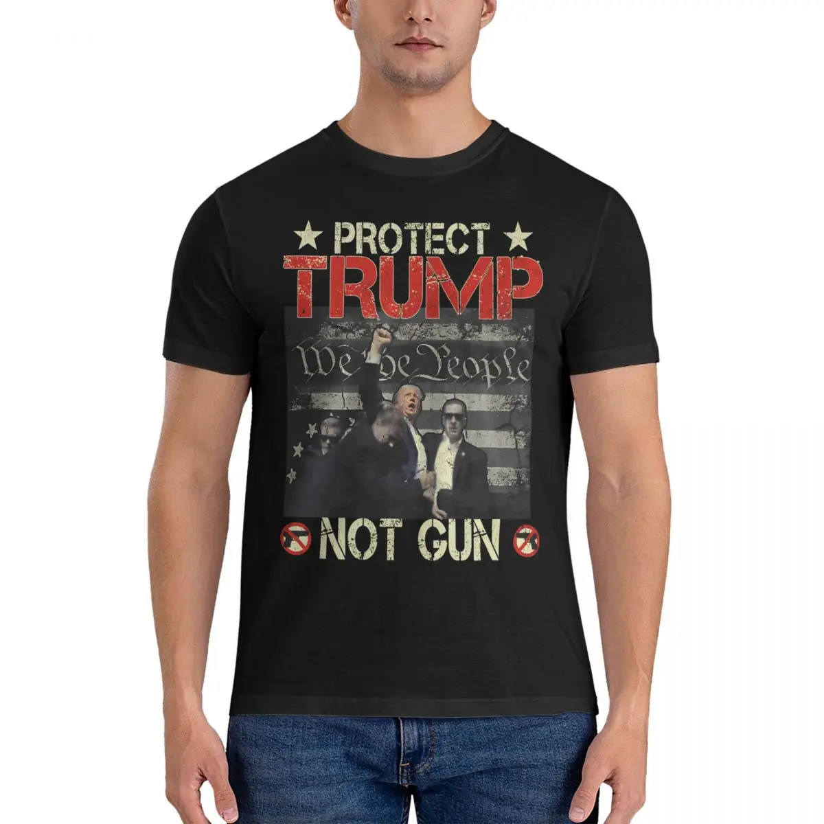 Protect Trump Not Gun Usa Flag , Trump 2024 T-Shirts Men Donald Trump Cool Cotton Tee Shirt Round Collar Graphic Clothing