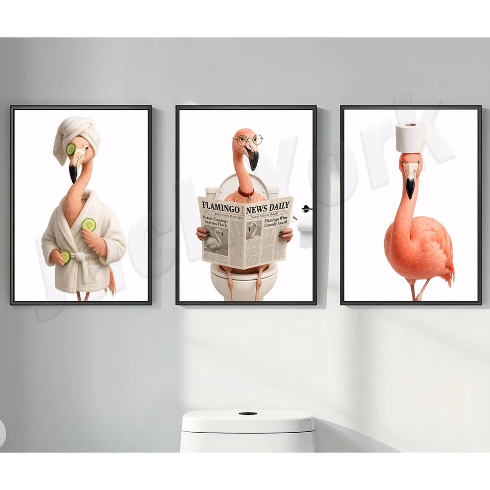 An eagle, flamingo, koala, badger, and iguana, dressed in bathrobes, sit on the toilet reading newspapers and bathroom posters.