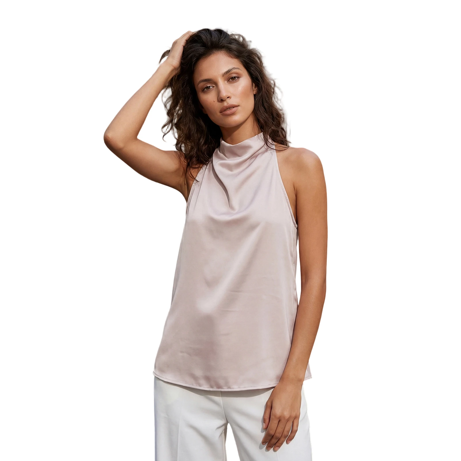 Women's Satin Halter Tank Tops Solid Color Sleeveless Draped High Neckline Vest for Party