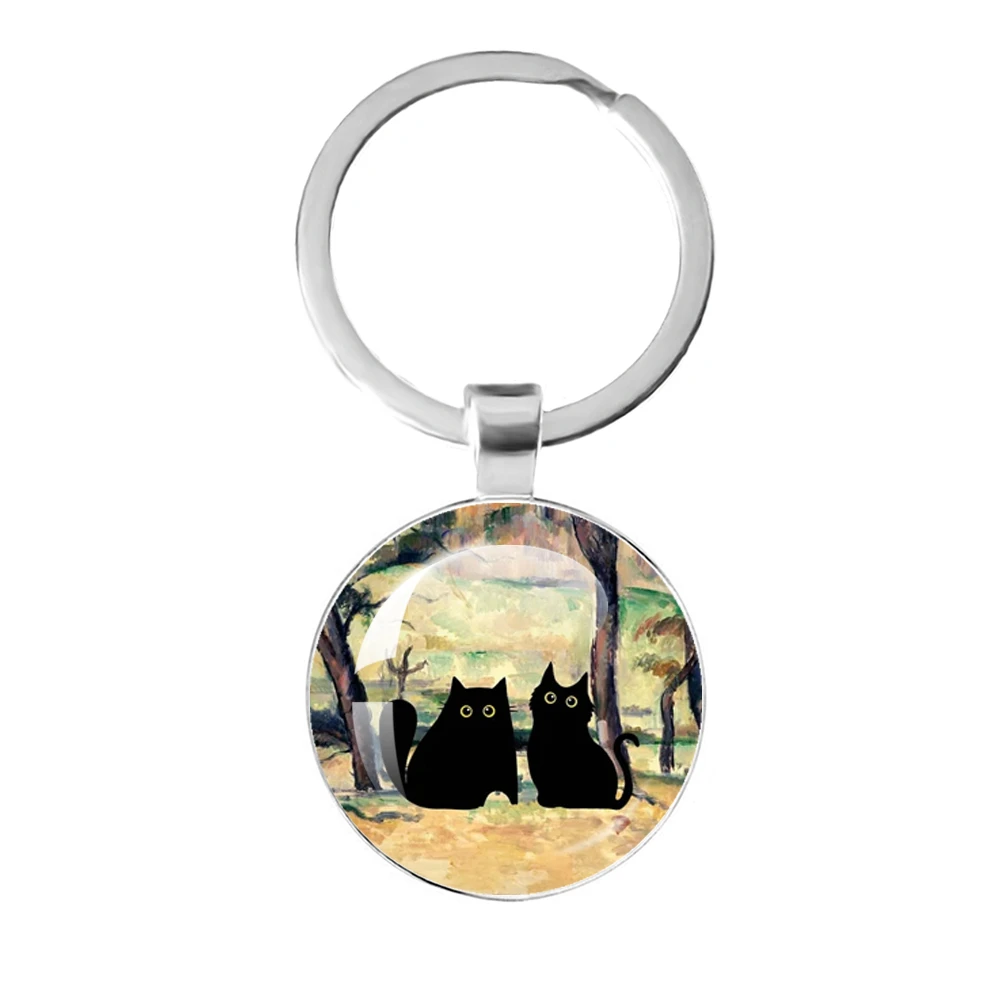 فان جوخ القط الفن النفط المفاتيح الرجال النساء الموضة الزجاج محدب كيرينغ النجوم ليلة مجوهرات عباد الشمس قلادة الموضة هدية