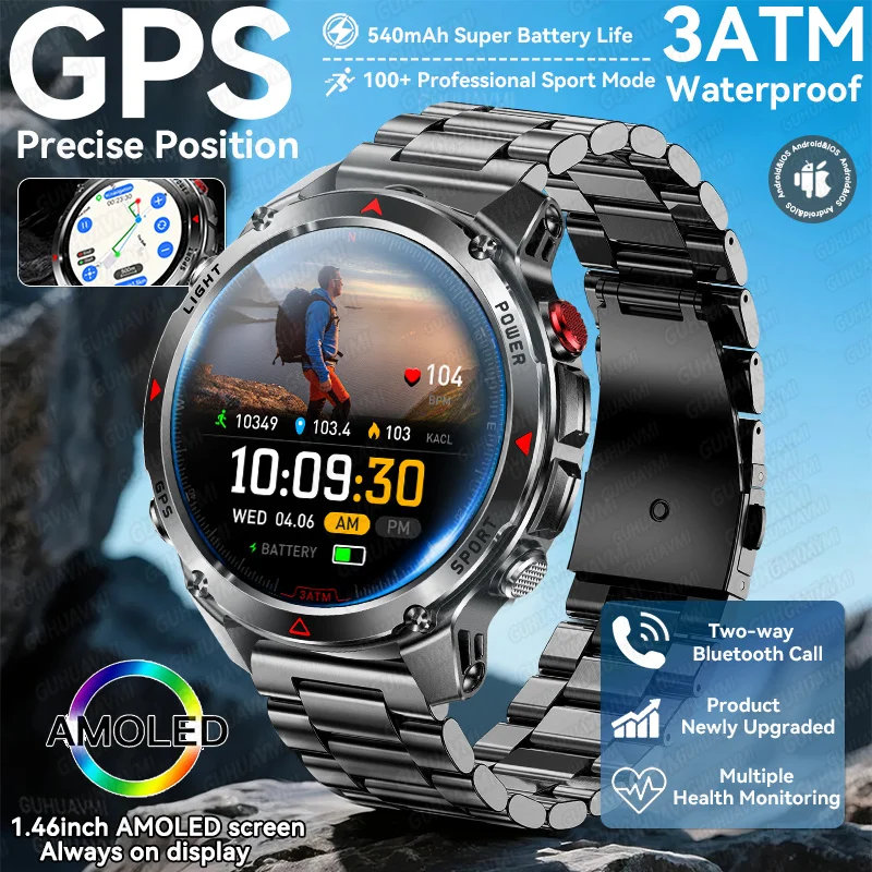 

Новые умные часы T-Rex3 с GPS, 2025 для Android IOS, военные умные часы для мужчин, водонепроницаемые, 3 атм, 100 спортивных режимов, встроенный GPS BT Call