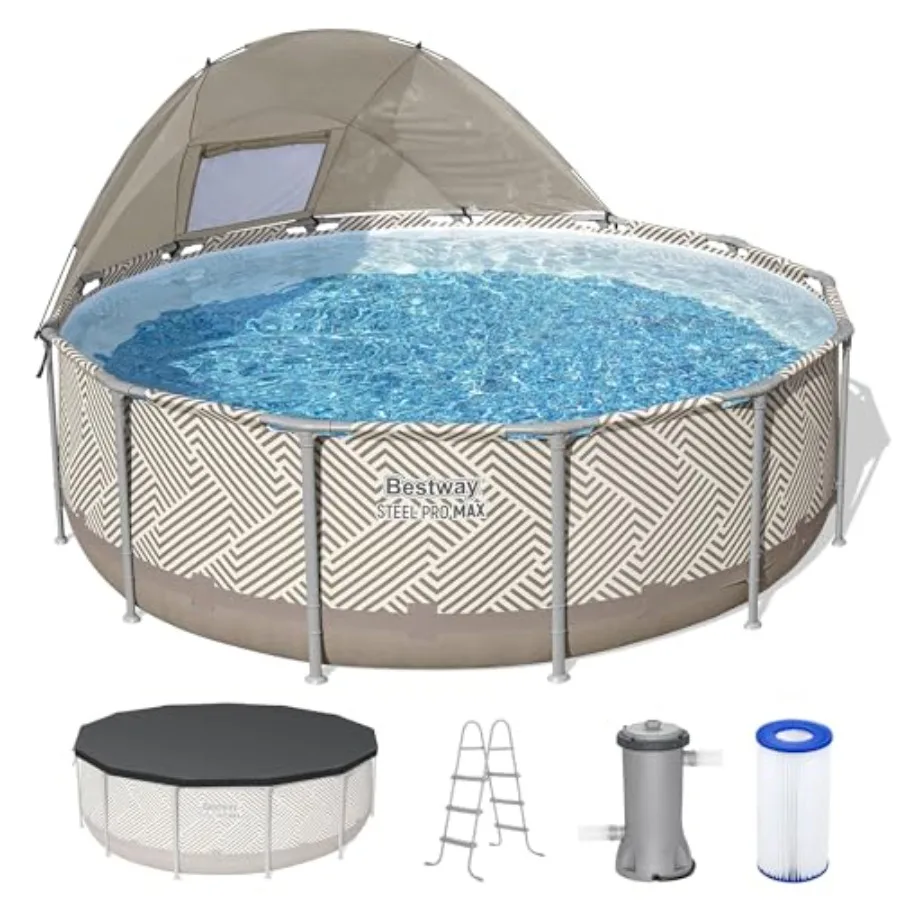 Steel Pro MA Above Ground Pool, Round Metal Frame Outdoor Swimming Pool Set with Canopy, Filter Pump, Ladder, and Cover, Taupe