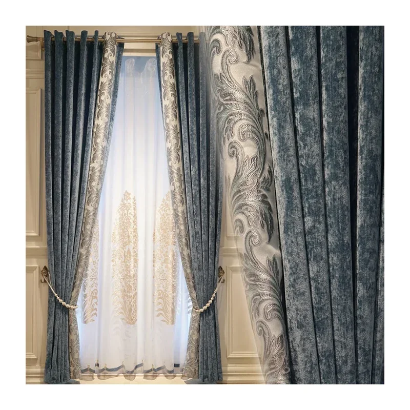 Luxuriöse europäische Chenille-Vorhänge für Wohnzimmer, Schlafzimmer, Fenster, schlicht, amerikanisch, modern, Verdunkelung, edles Spleißen, Jacquard, Blau