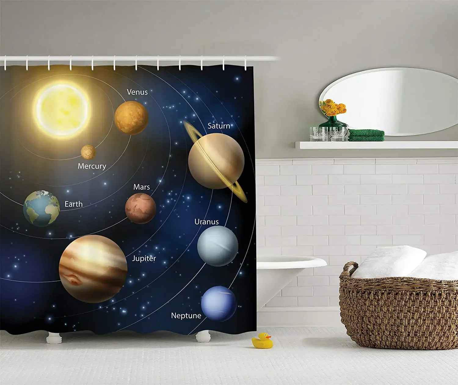 Rideau de douche en tissu Polyester, décor artistique, système solaire, orbite le soleil, avec noms de planètes, géographie, salle de bain